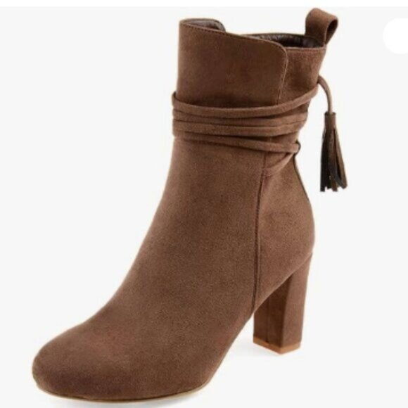 YDN Brown Trendy Chunky Round Closed Toe Short Boot Suede Side Zipper Strap Shoe - Picture 1 of 8